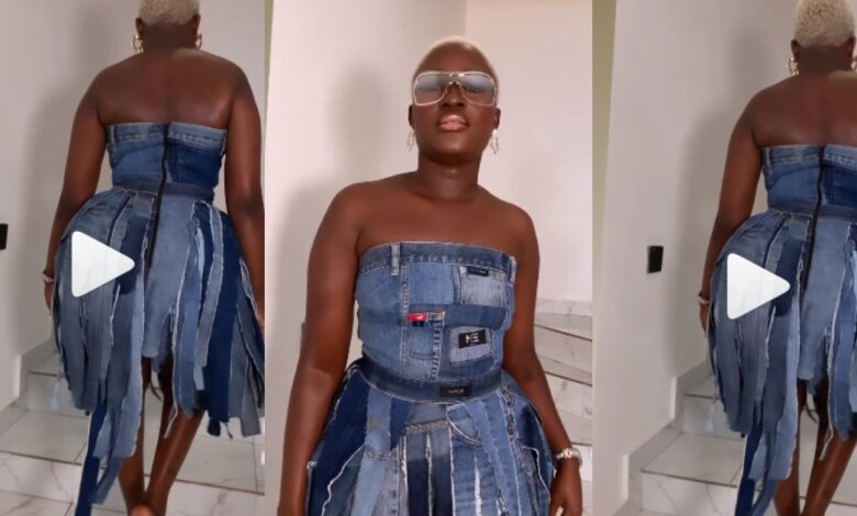 Fella Makafui Rocks A Beautiful Sleeveless Fringe Denim Dress In A Viral Video