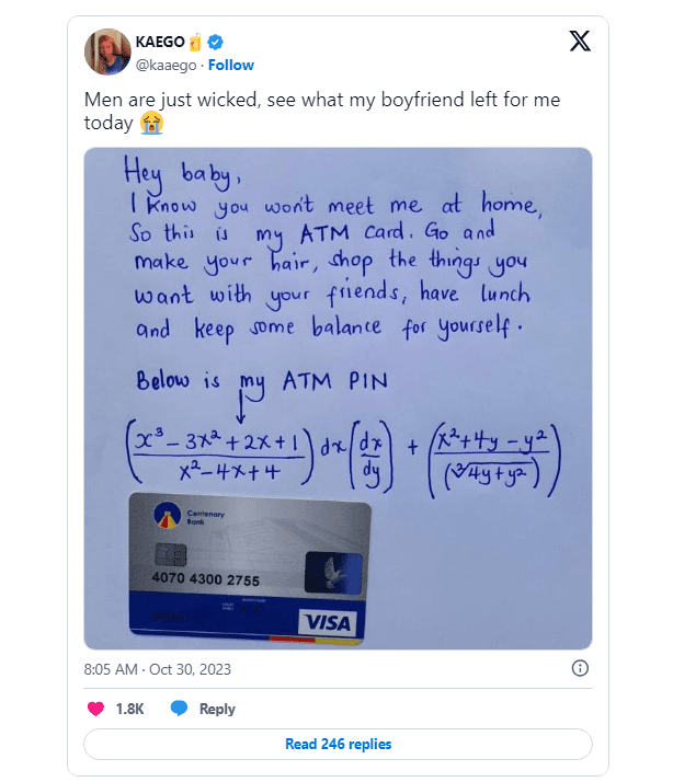 Man Gives His Girlfriend His ATM Card And Maths Question To Solve To get His Pin