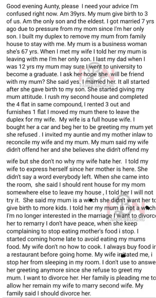 "You Can’t Cook But You Keep Calling My Mother A Witch” – Married Man Cries And Calls For Advice