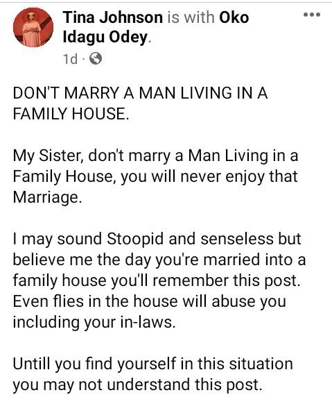 gospel singer, Tina Johnson cautions fellow women to not settle down with a man living in a family house